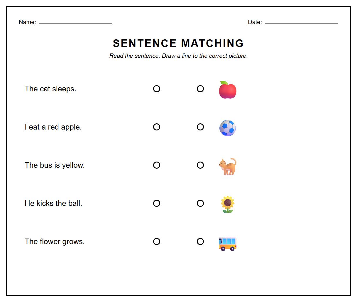 Sentence Matching worksheets with nouns, verbs, and objects