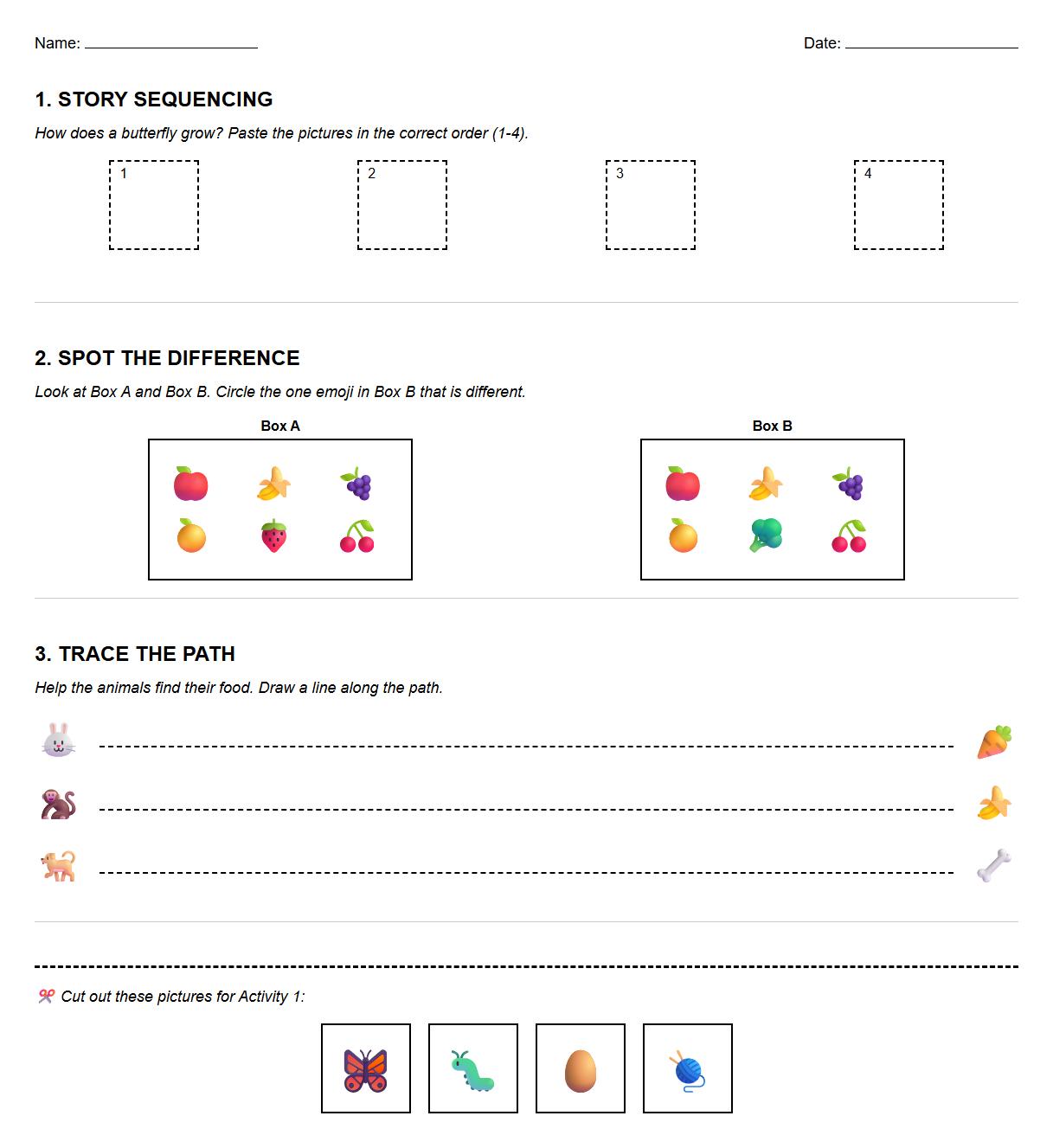 Sequencing skill Spot the Difference worksheet using simple stories