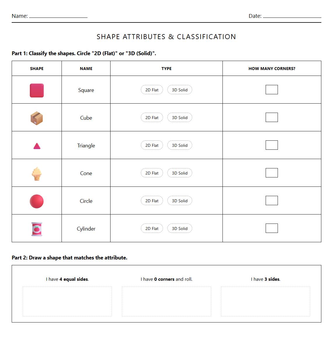 Shape Attributes Comparison Semantic Worksheet with 2D and 3D Shape Classification