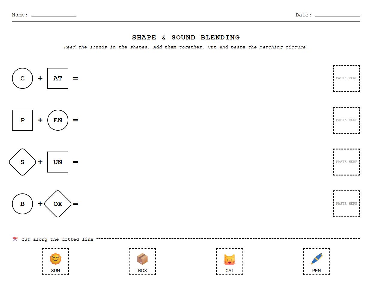 Shape and Sound Blending Cut and Paste Worksheet