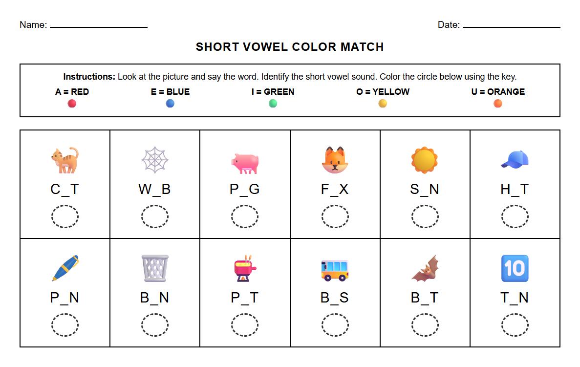 Short Vowel Color Pattern Matching Sheet