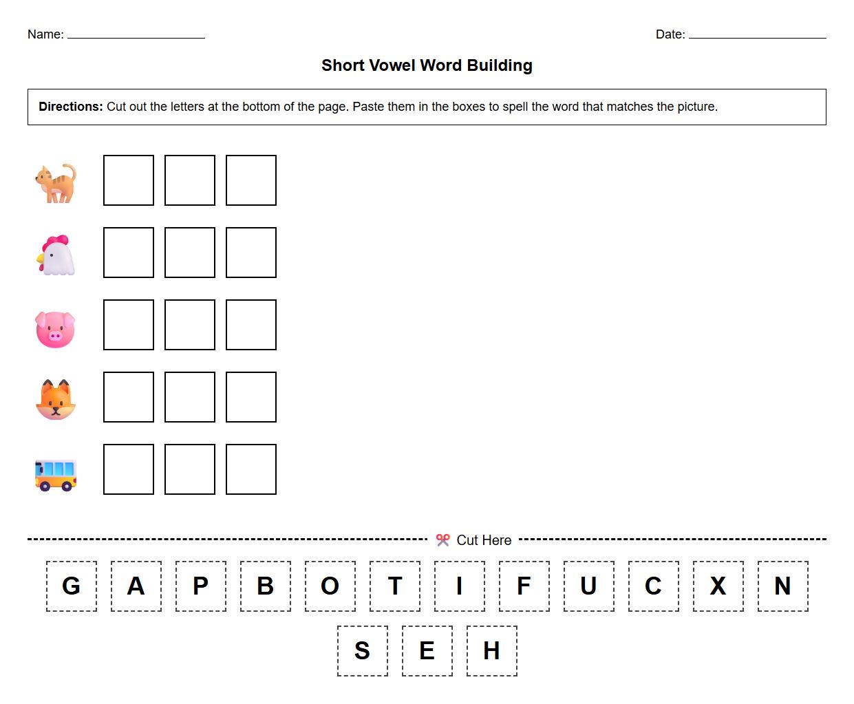 Short Vowel Cut and Paste Word Construction Activity