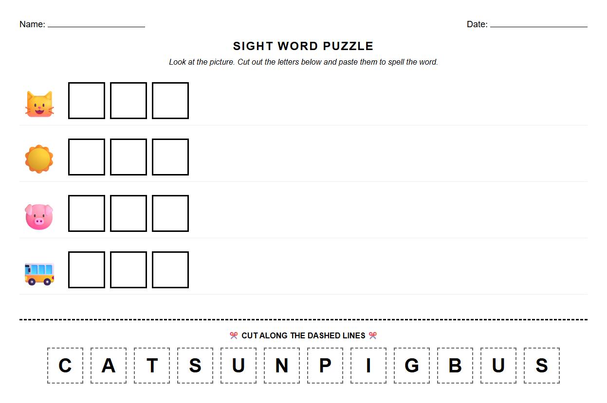 Sight Word Blending Sound Puzzle Worksheet