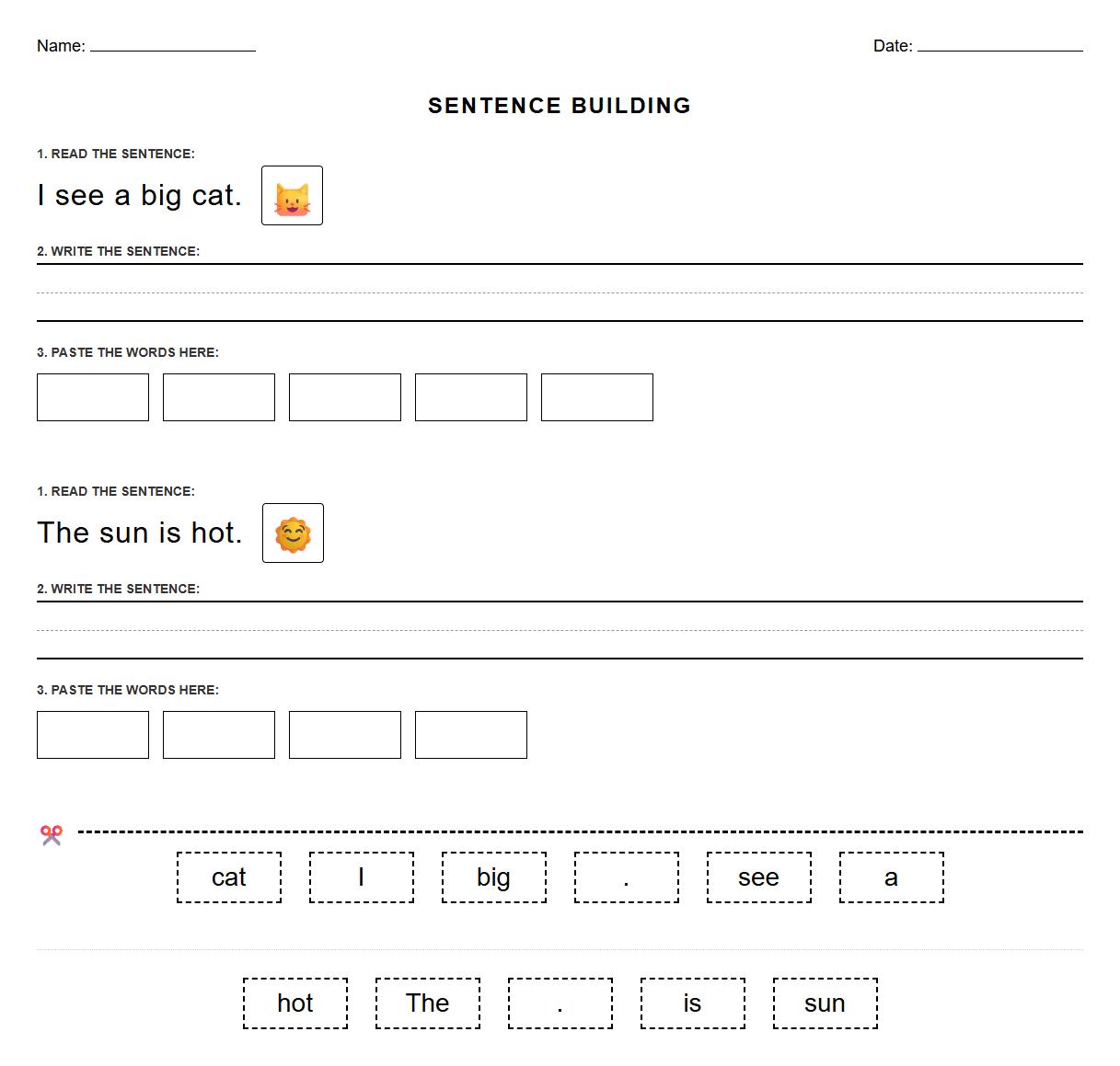 Sight Word Cut and Paste Sentence Formation