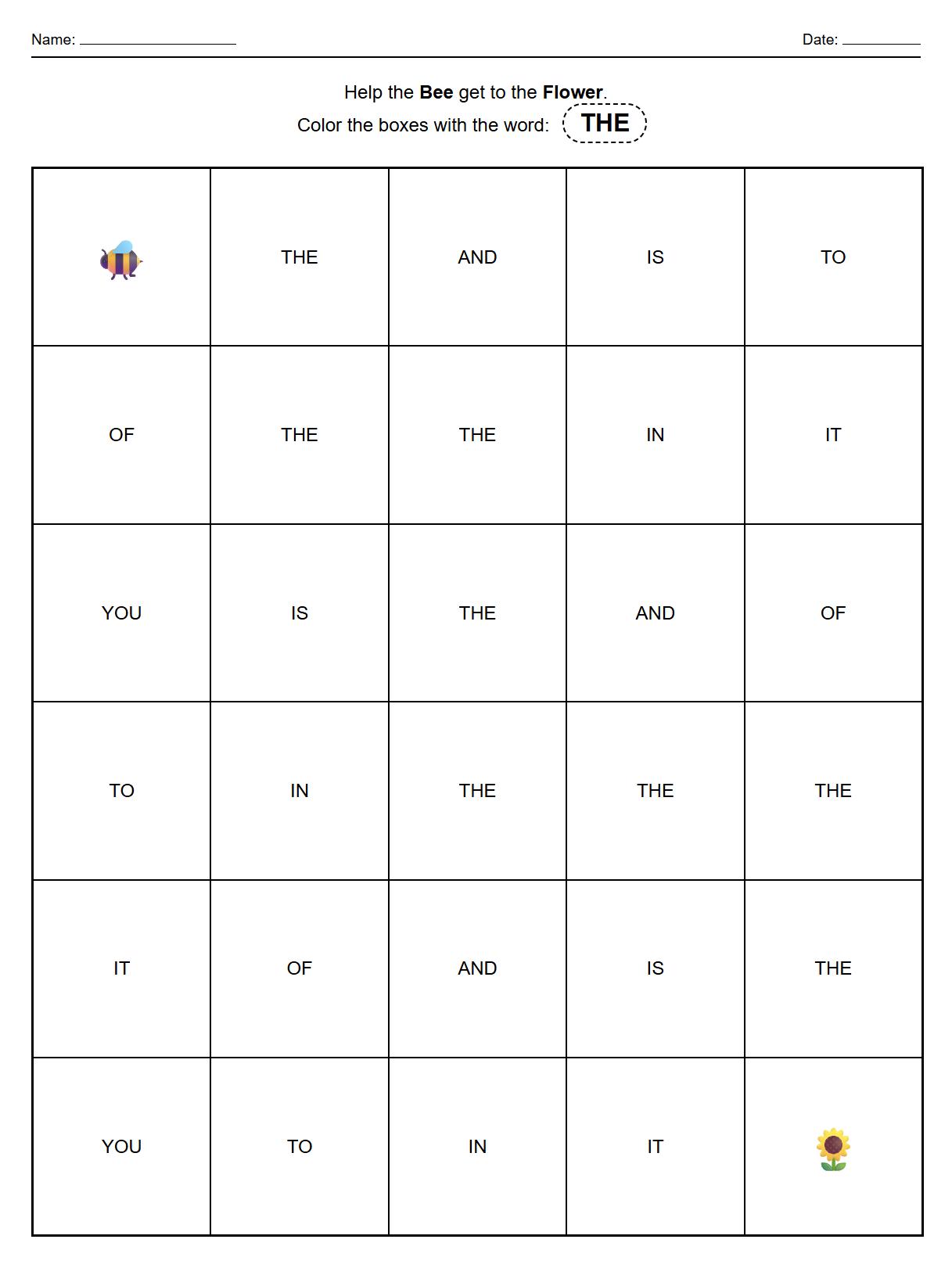 Sight Word Identification Direction Maze