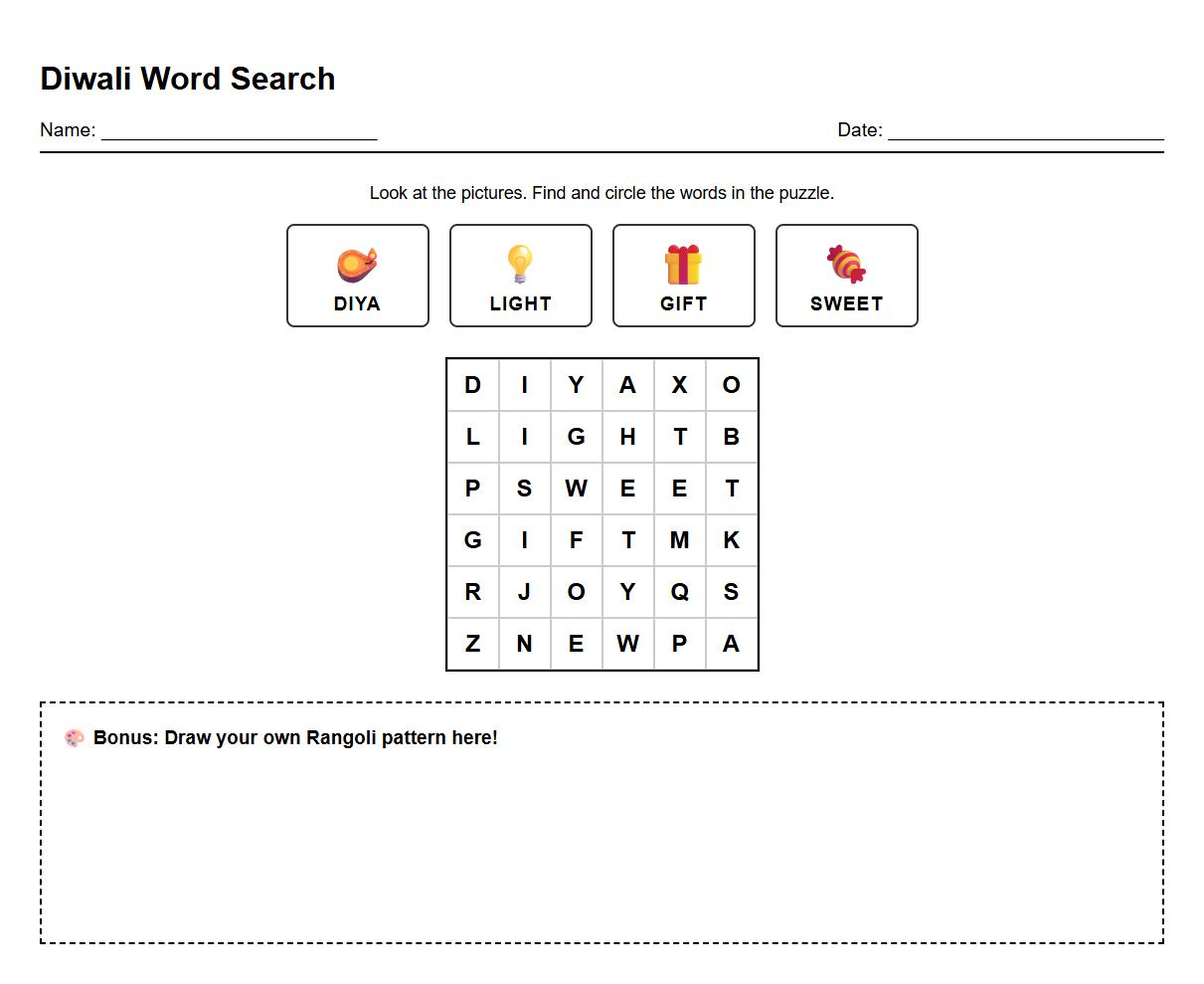 Sight Word Search Incorporating Diwali Vocabulary and Visual Prompts