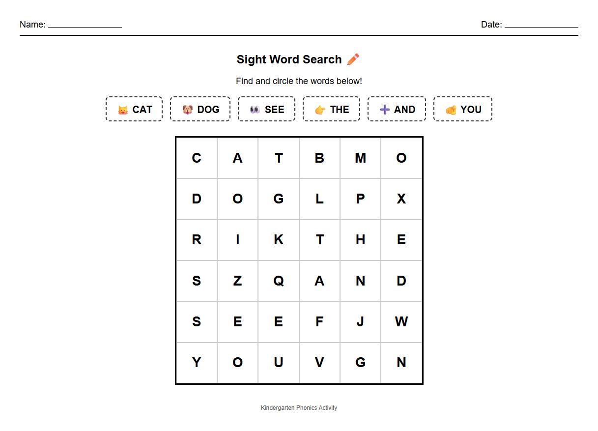Sight Word Word Search Phonics Worksheet