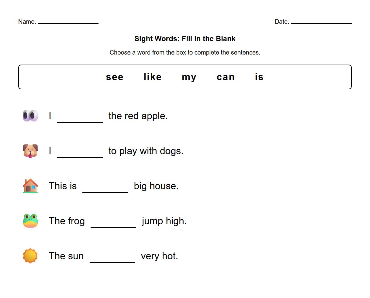 Sight Words Fill-in-the-Blank Worksheet