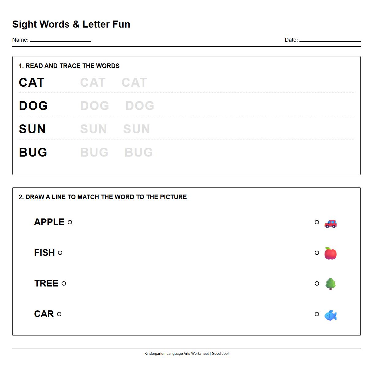 Sight Words Letter Tracing and Matching Worksheet