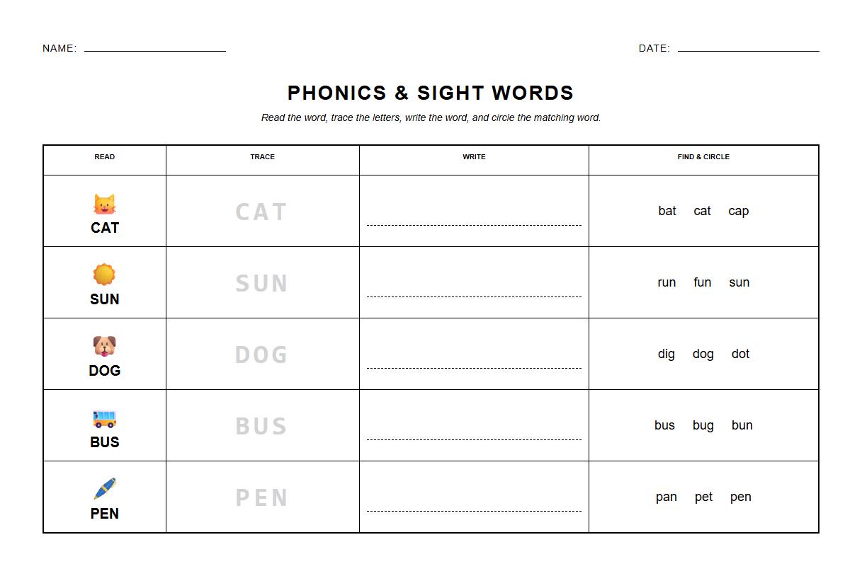 Sight Words Tracing and Recognition Phonics Worksheet