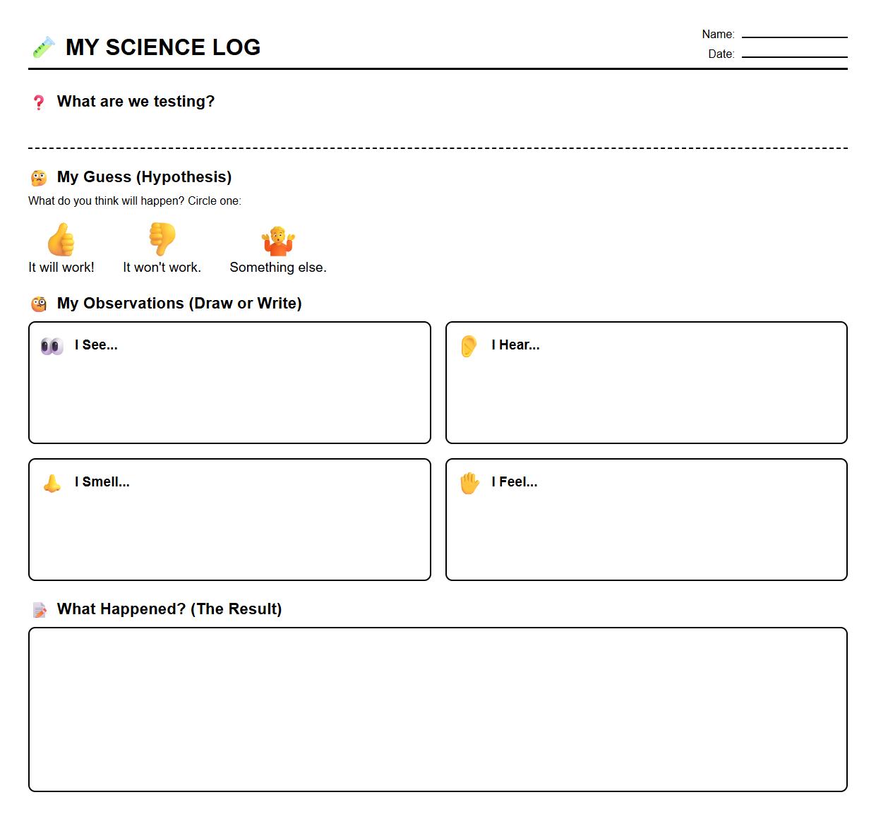 Simple Experiment Log Sheet Focusing on Sensory Input