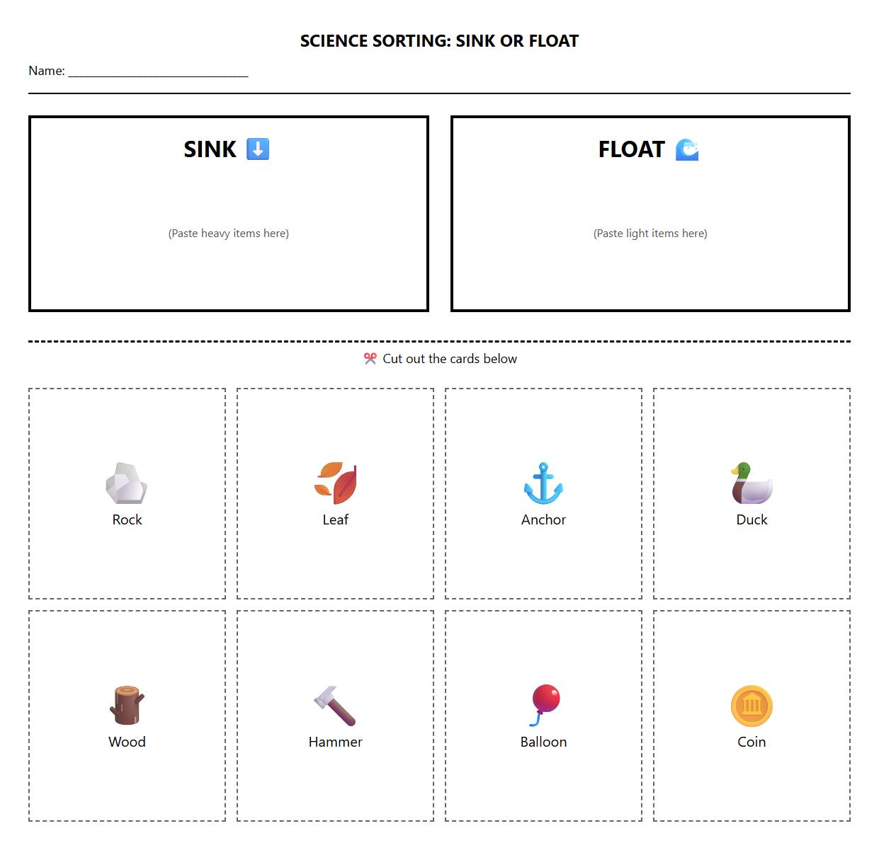Sink or Float Sorting Cards Worksheet