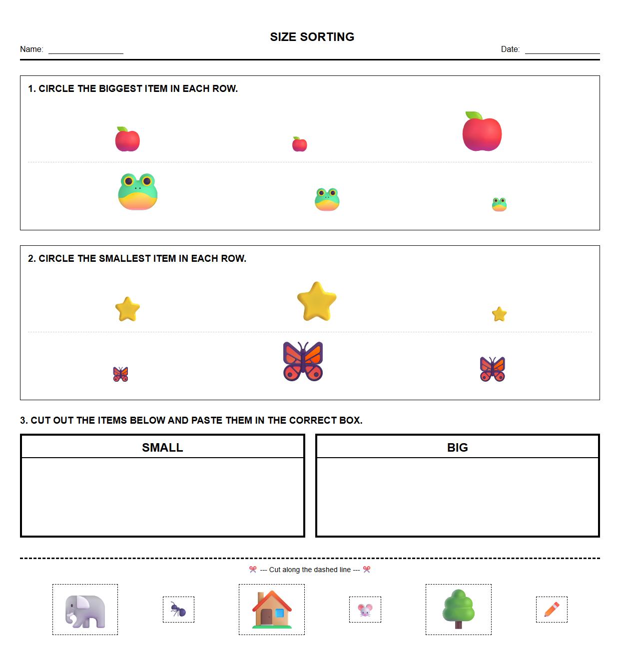 Size Comparison and Sorting Worksheet