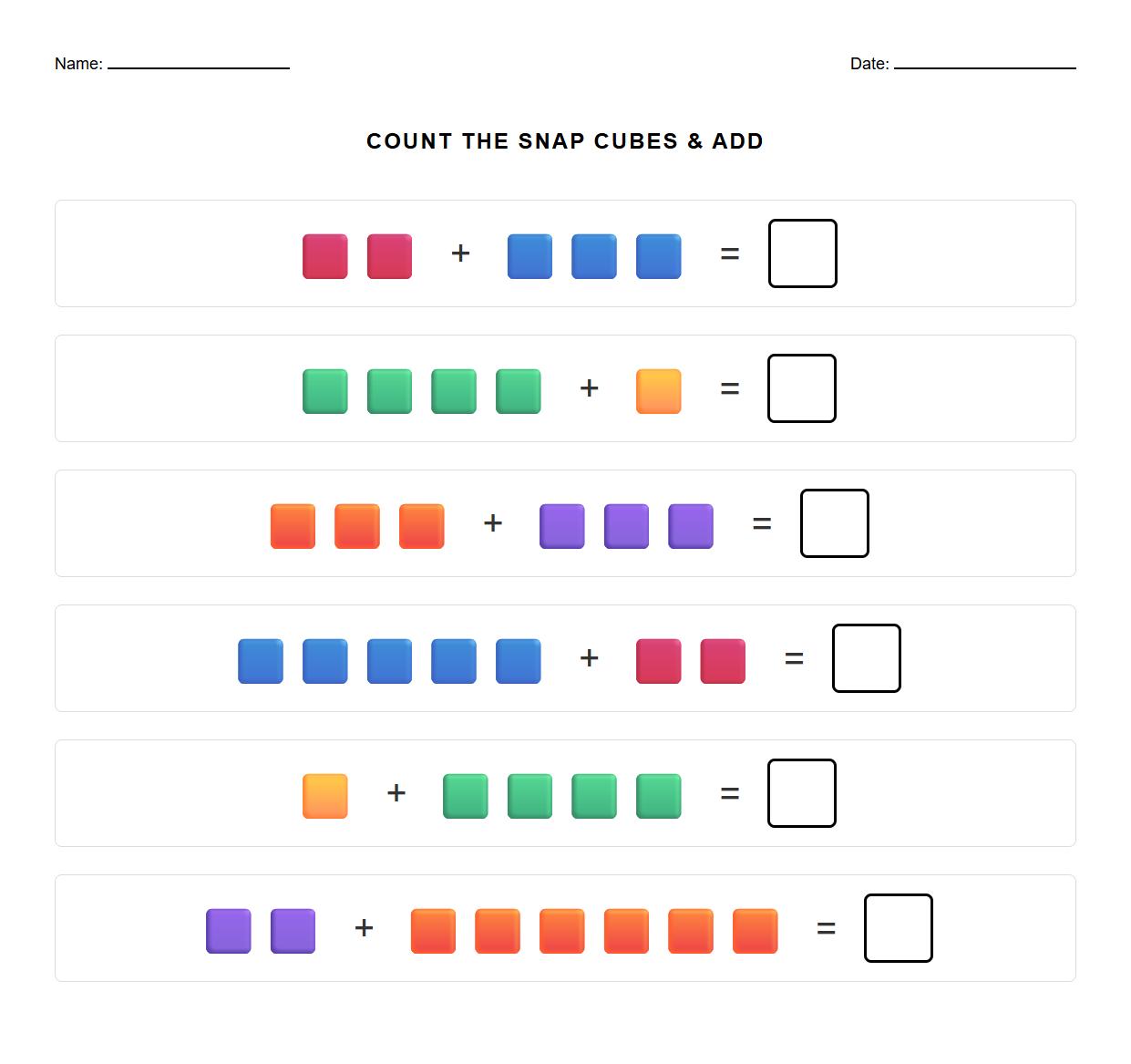 Snap Cubes Visual Addition Worksheet