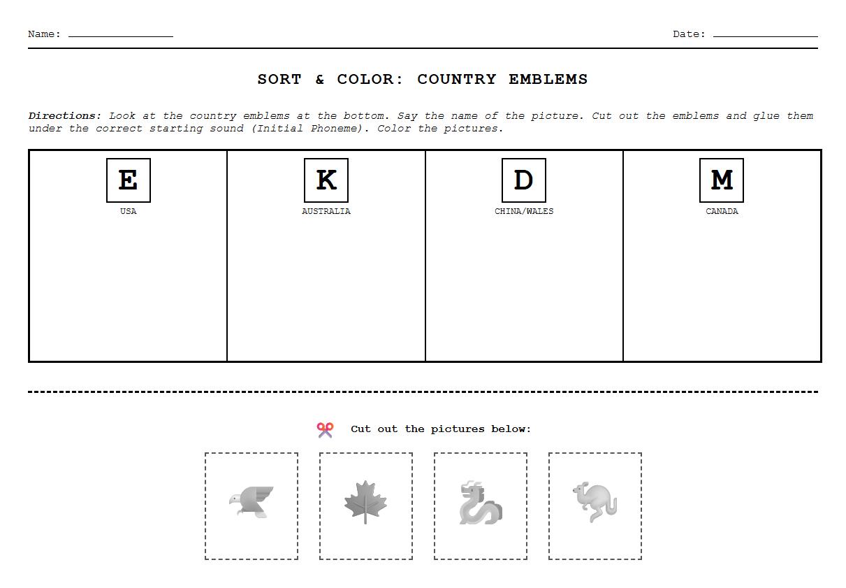 Sort and Color Country Emblems by Initial Phoneme Worksheet