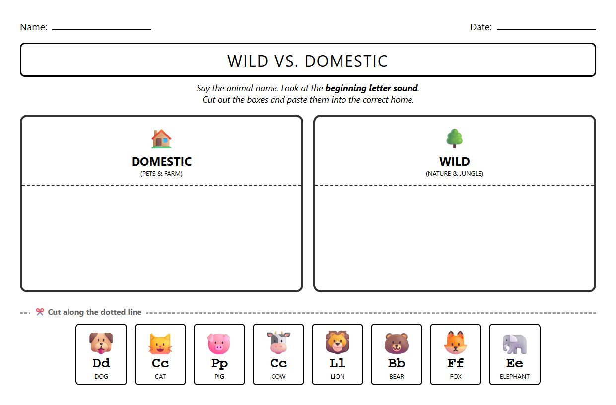 Sort Wild and Domestic Animals by Phonics Sounds Worksheet
