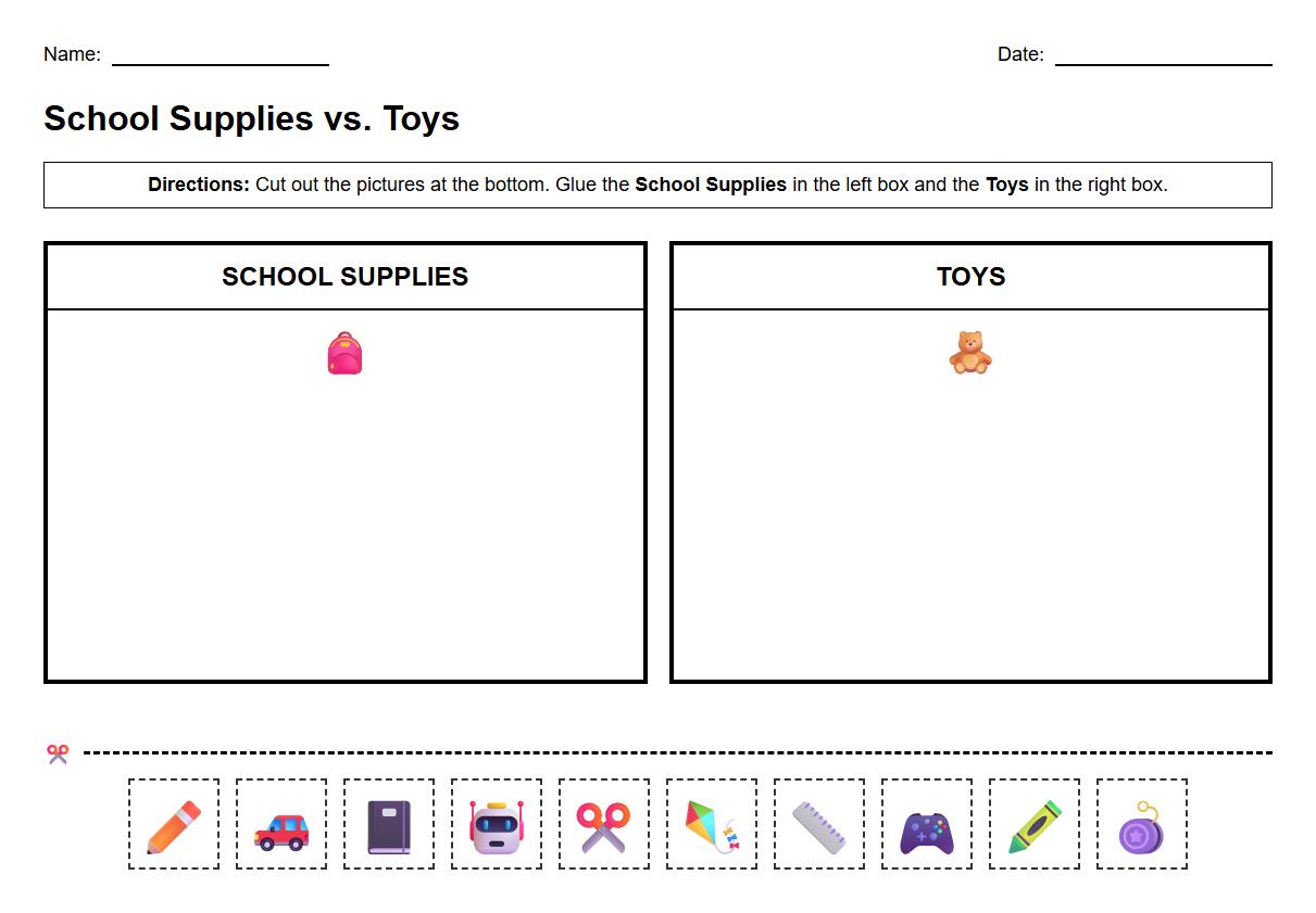 Sorting activity worksheet for identifying school supplies vs toys
