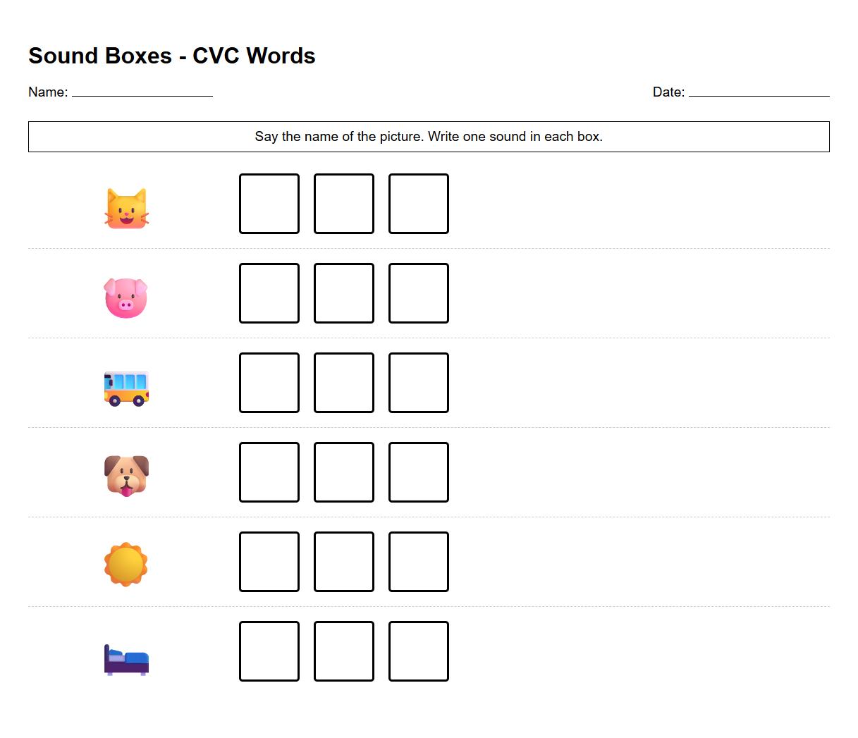 Sound Boxes Elkonin Boxes CVC Words Worksheet