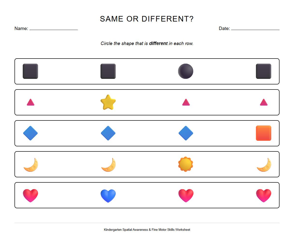Spatial Awareness Same and Different Shapes Worksheet