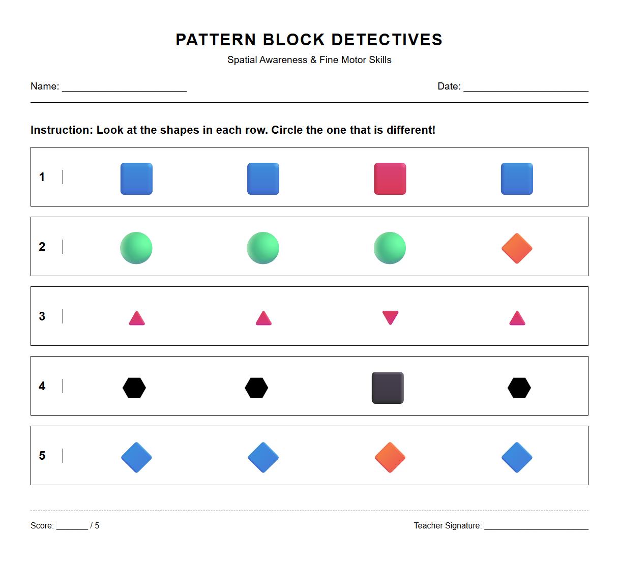 Spatial Awareness Spot the Difference Worksheet using Pattern Blocks