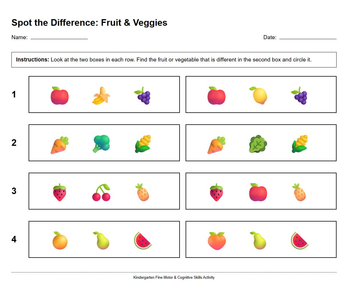 Spot the Difference involving fruit and vegetable illustrations