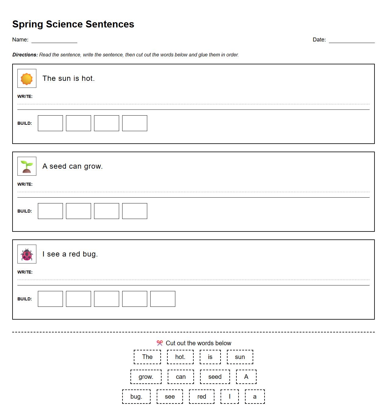 Spring Sight Words Sentence Building Using Phonics Patterns