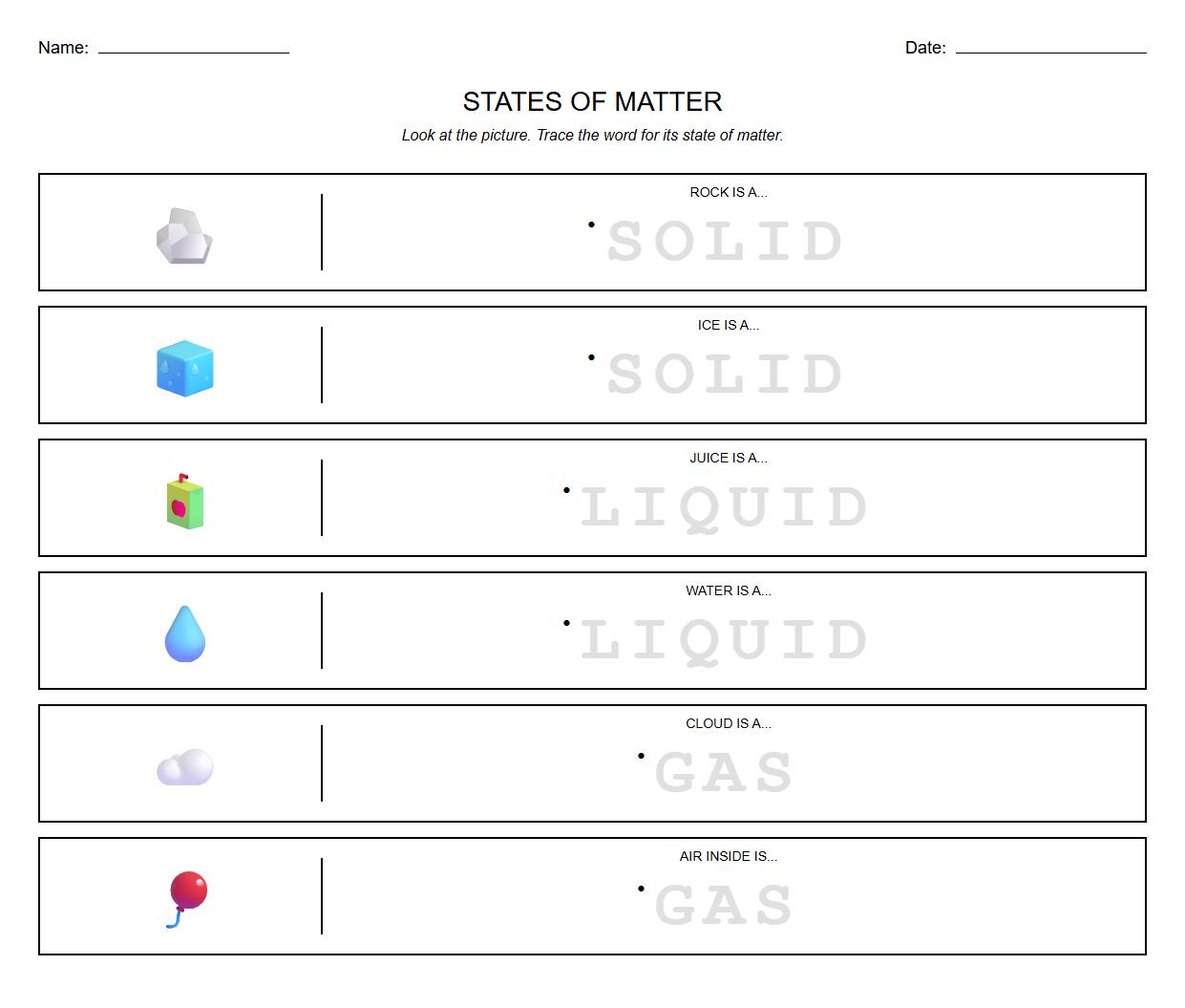 States of Matter Properties Trace and Color Worksheet