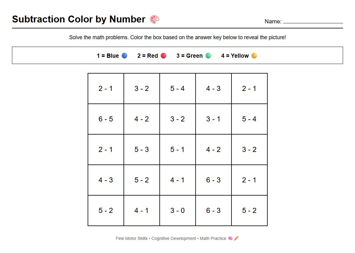 Subtraction Practice Color by Number Sheet