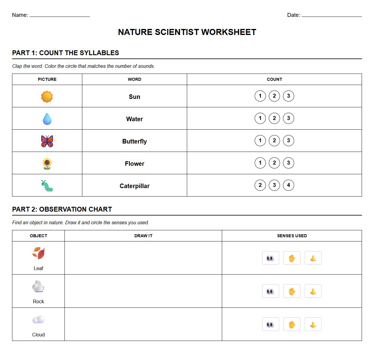 Syllable Counting and Science Observation Chart Worksheet