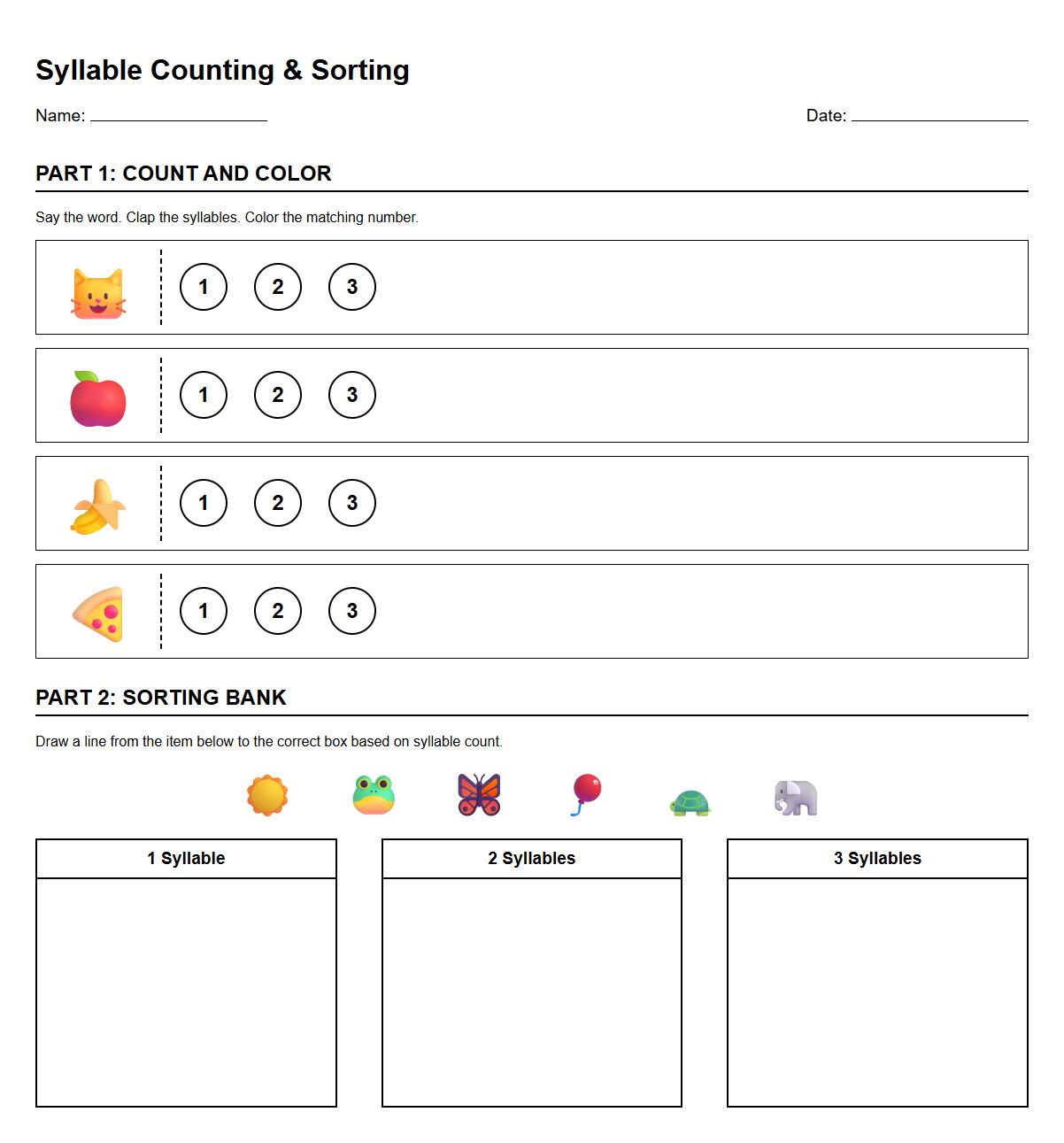Syllable Counting and Sorting Page
