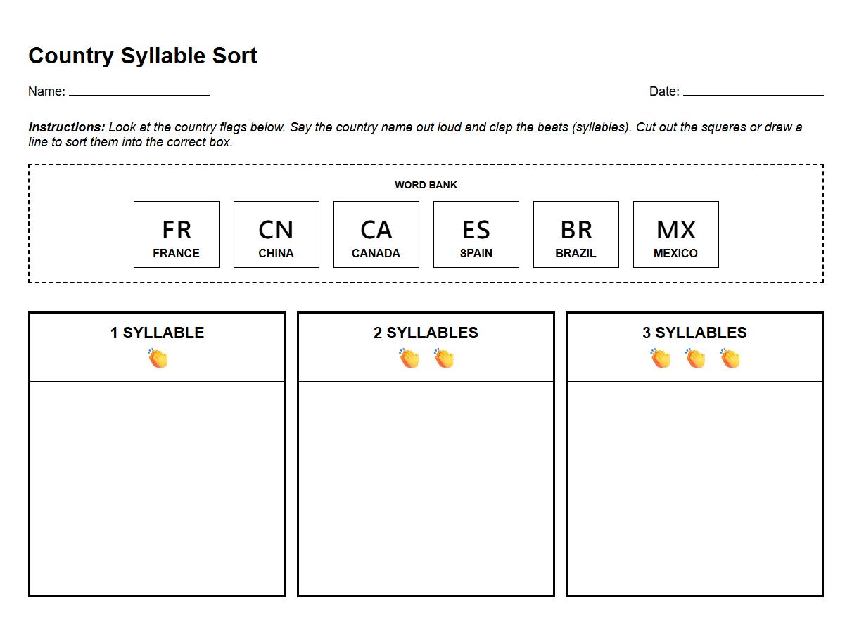 Syllable Sorting: Country Names and Flag Symbols Worksheet