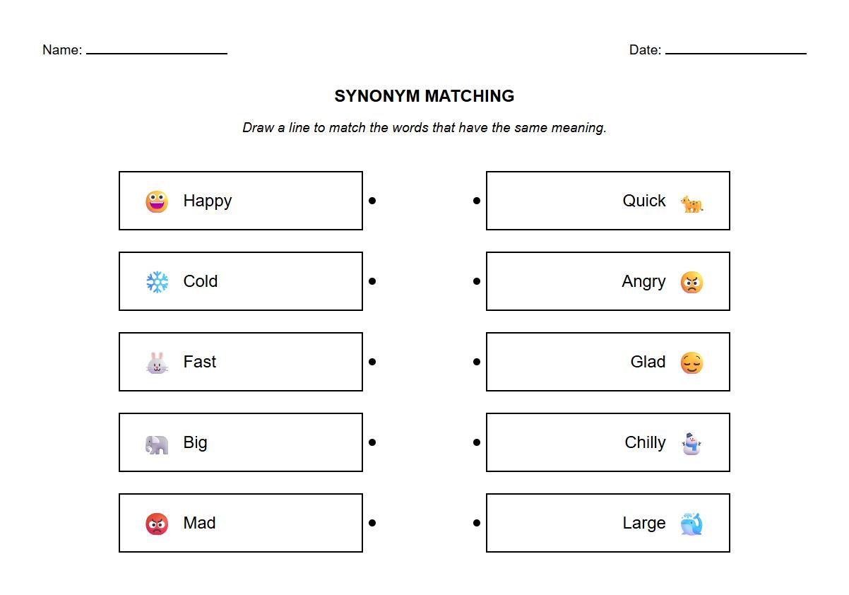 Synonyms Matching Worksheets for Early Vocabulary Building