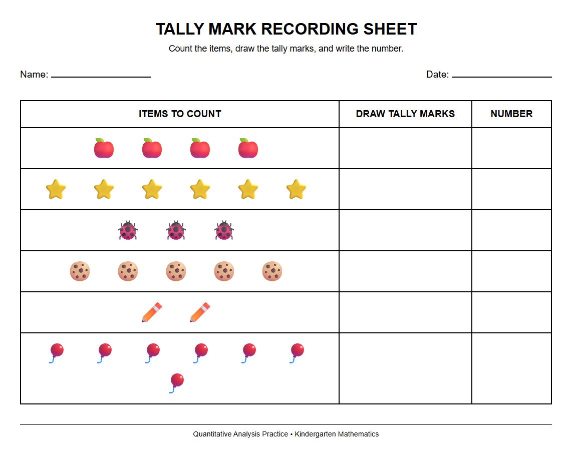 Tally Mark Recording Sheets for Quantitative Analysis