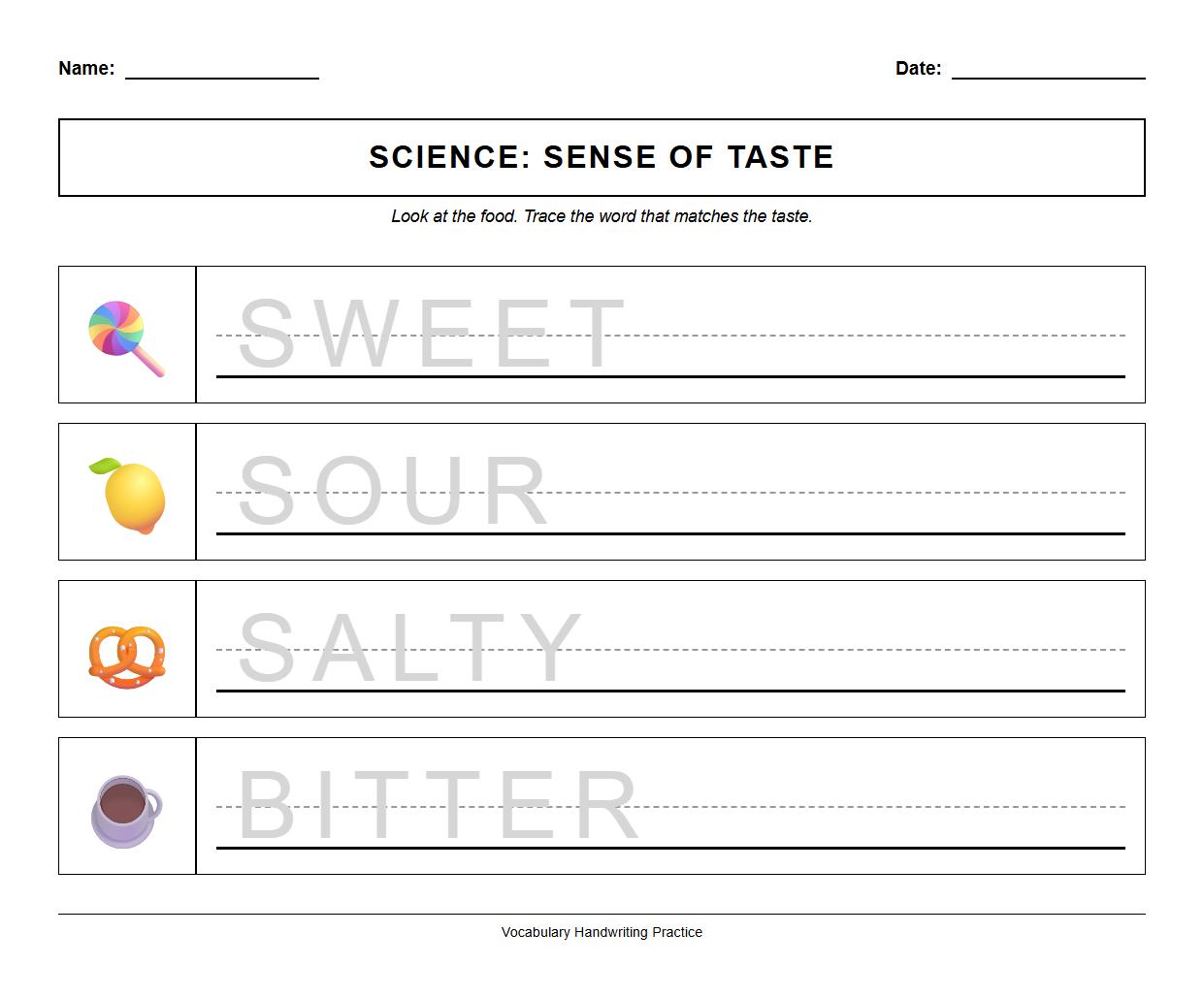 Taste Vocabulary Tracing Sheet