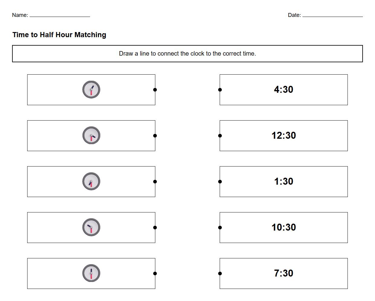 Time to Half Hour Matching Exercise Worksheet