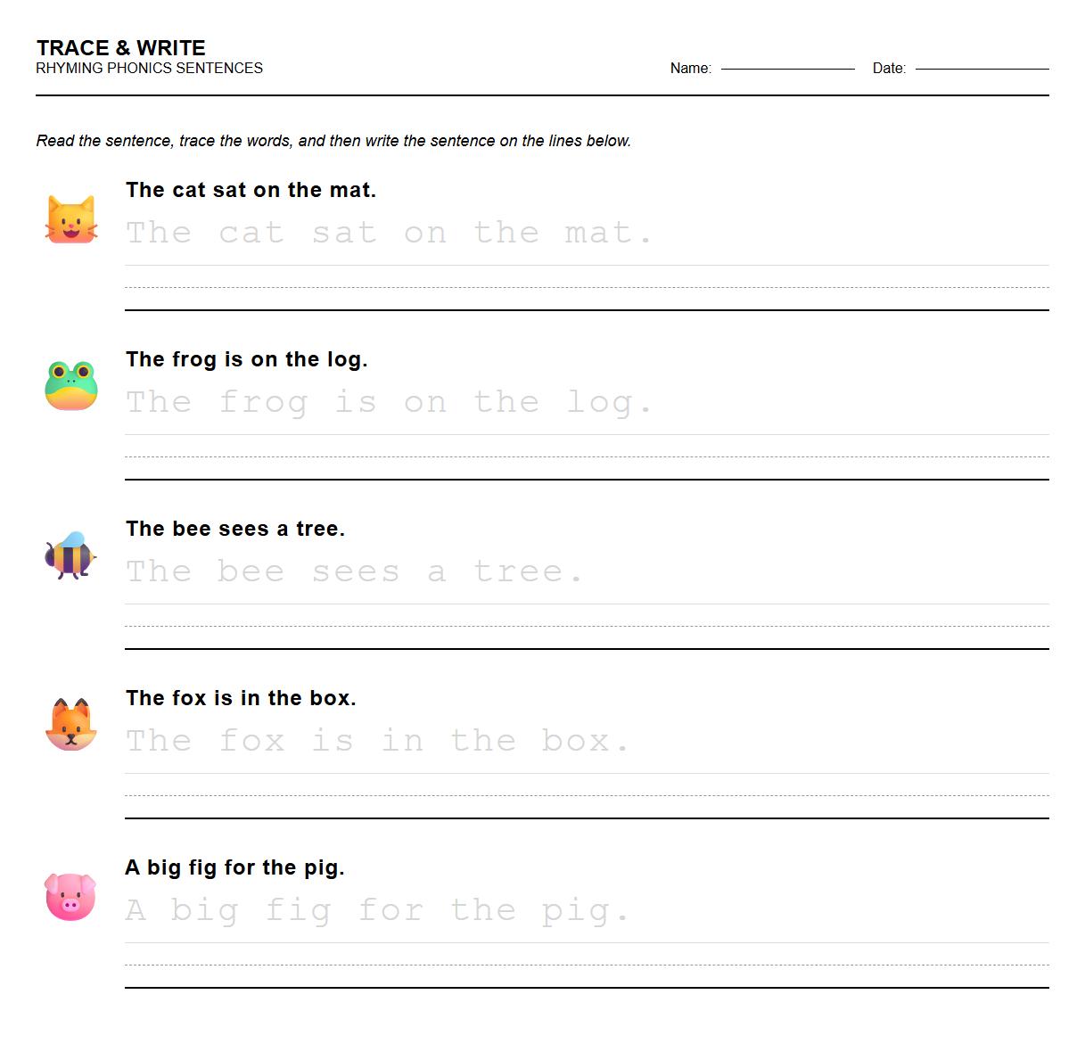 Trace and Write Phonics Sentences Using Rhyming Words