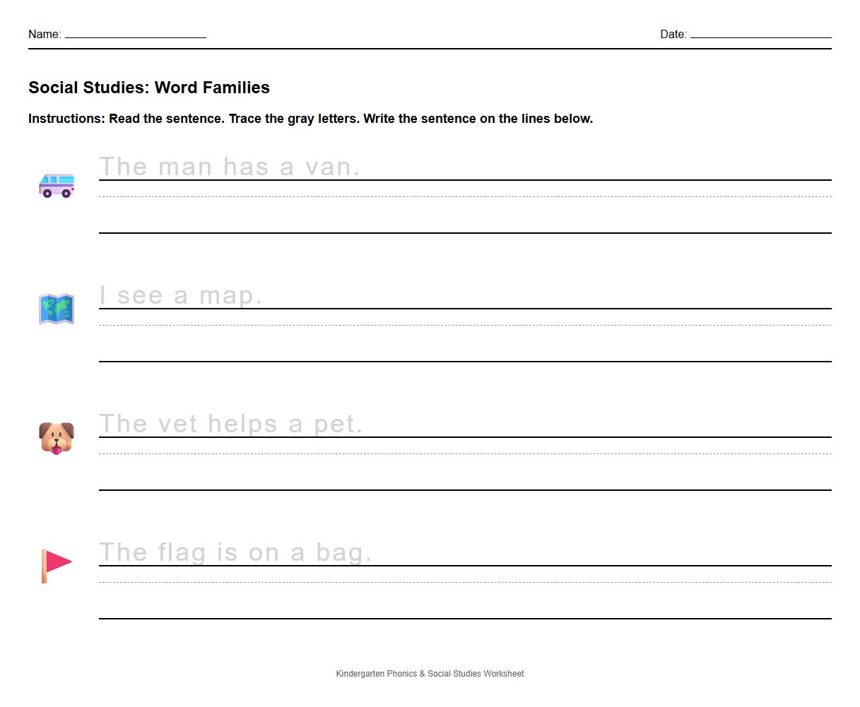 Trace and Write Simple Sentences Using Word Families Phonics Task