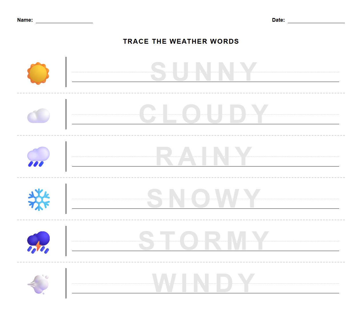 Tracing Activity Featuring Different Weather Symbols for Kindergarten