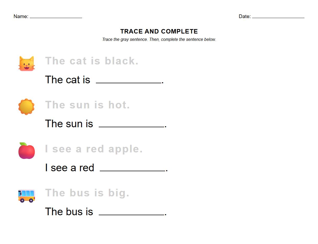 Tracing and Completing Simple Sentences Page