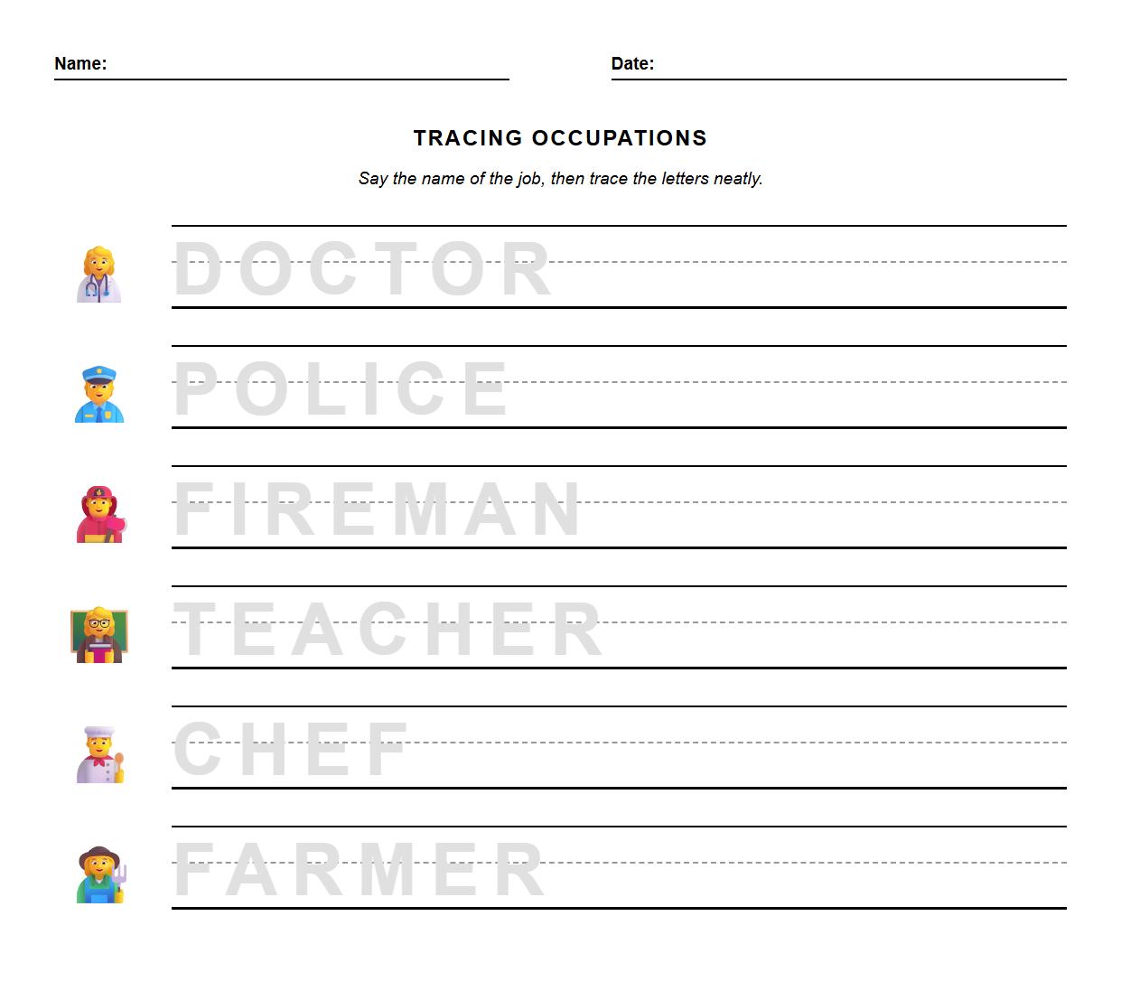Tracing Occupation Names Worksheet for Letter Recognition and Phonics Awareness