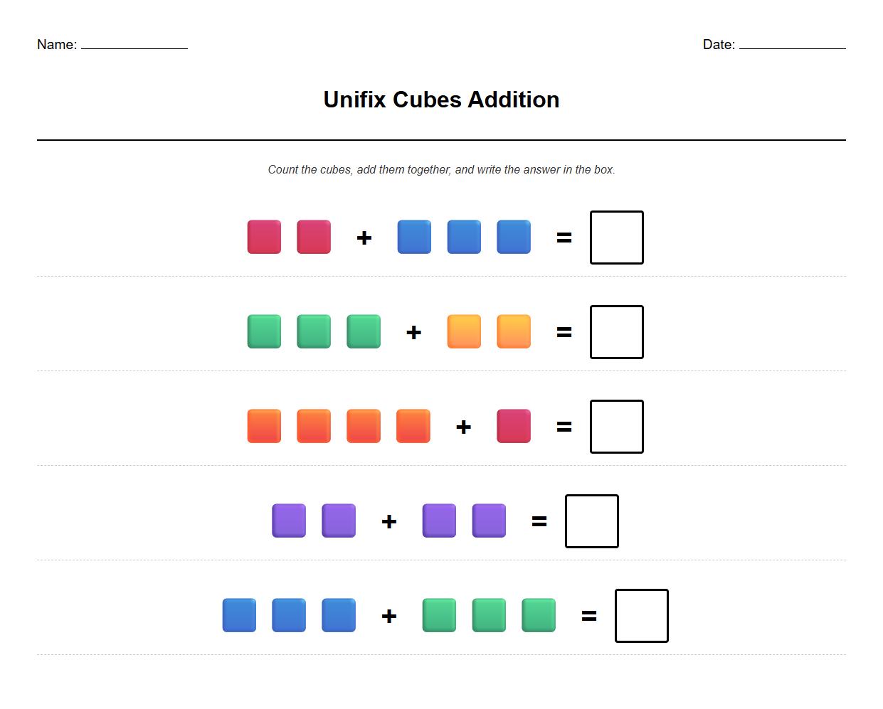 Unifix Cubes Addition Problem Solving Sheet