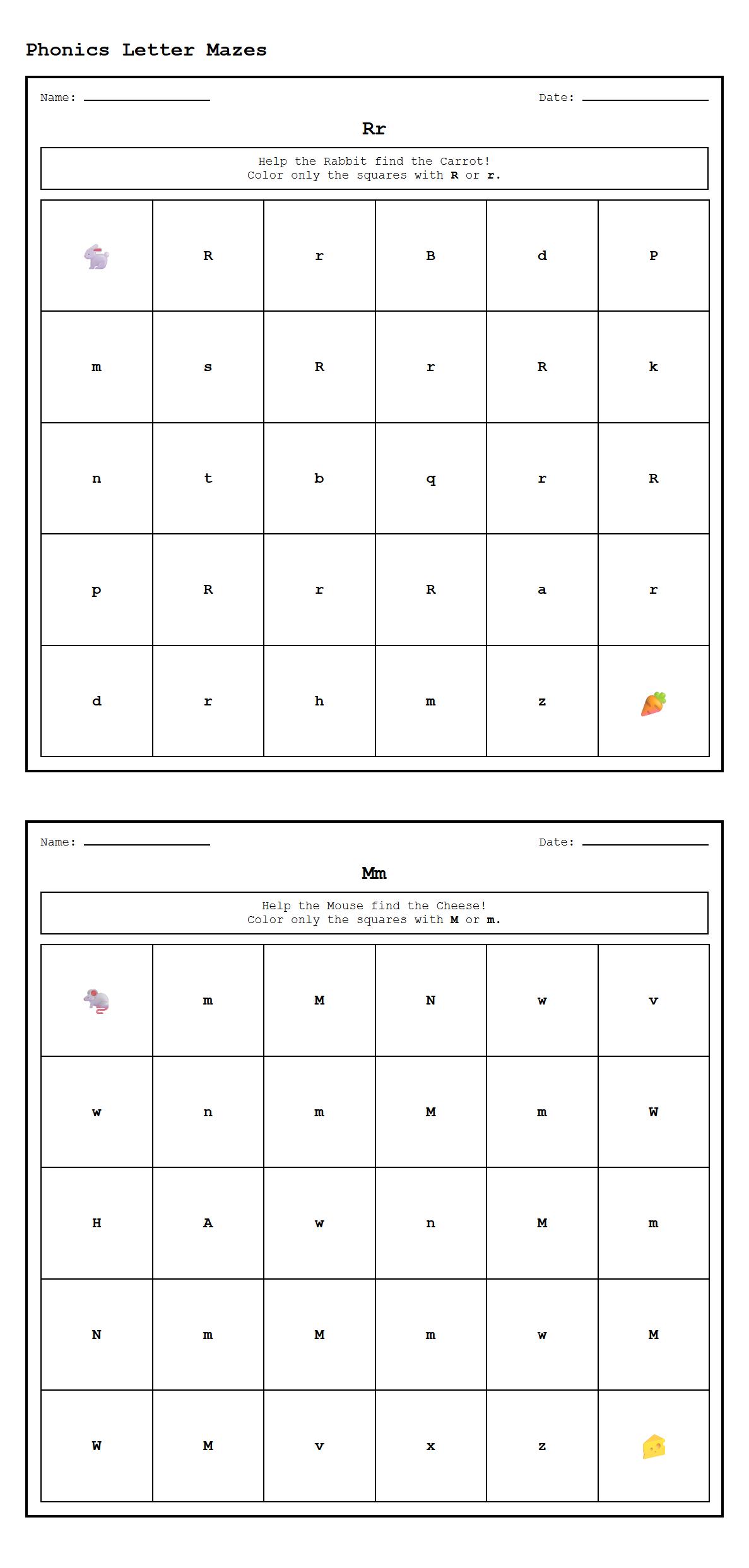 Uppercase Lowercase Letter Mazes for Phonics Recognition