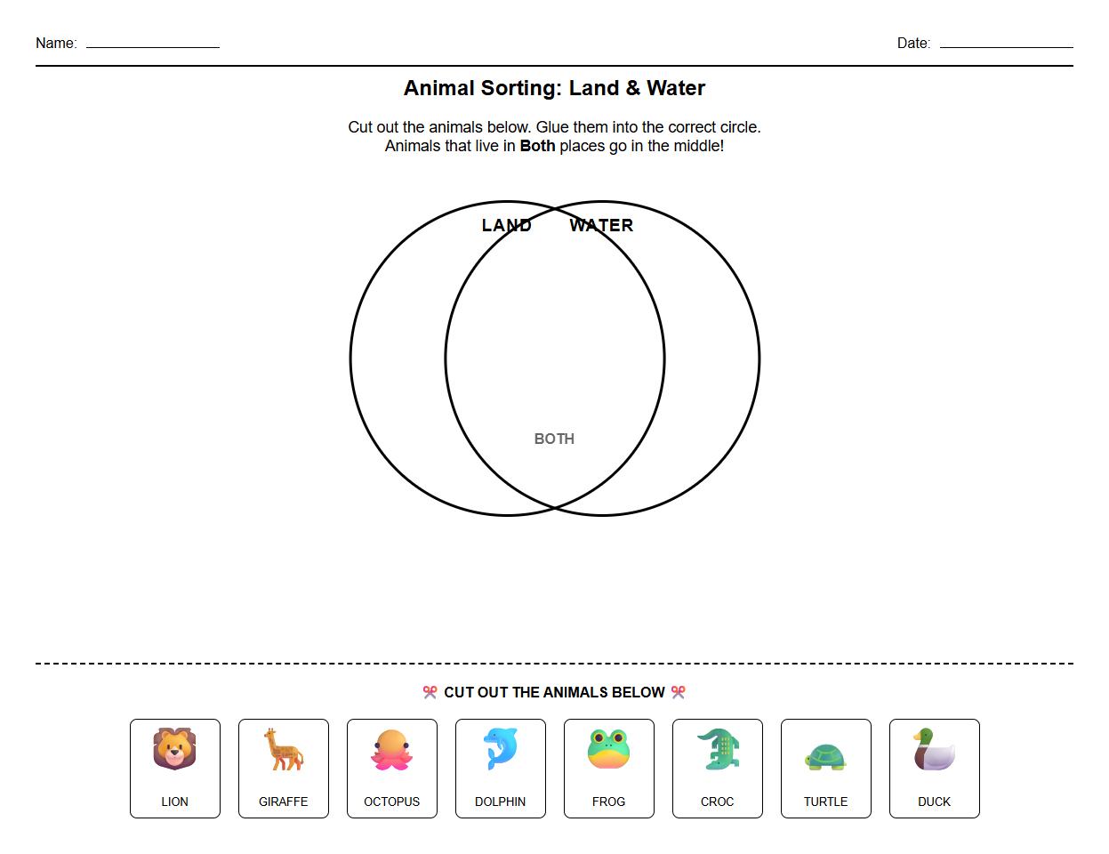 Venn Diagram Animal Grouping Worksheet