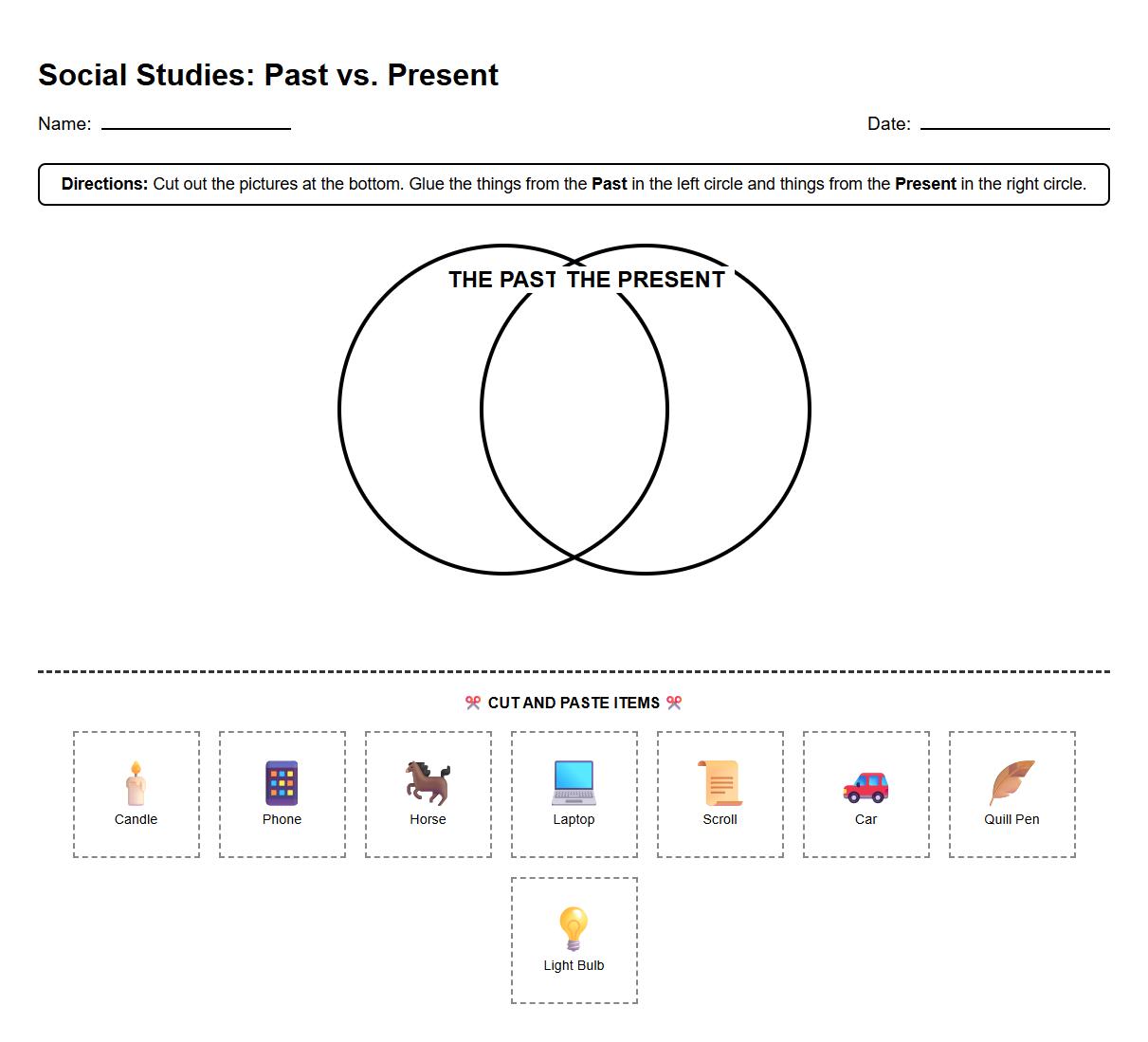 Venn diagram worksheet for comparing past and present technology