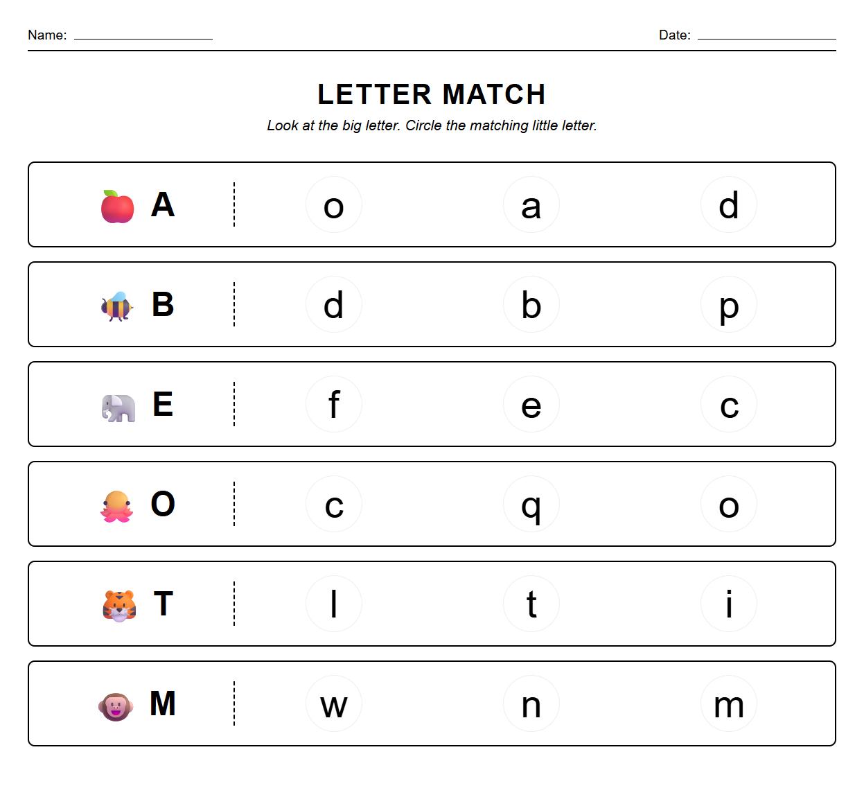 Visual Discrimination Letter Matching Exercise