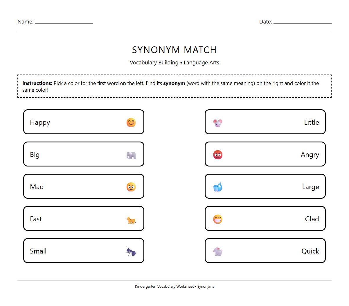 Vocabulary Building Color Match Synonym Worksheet