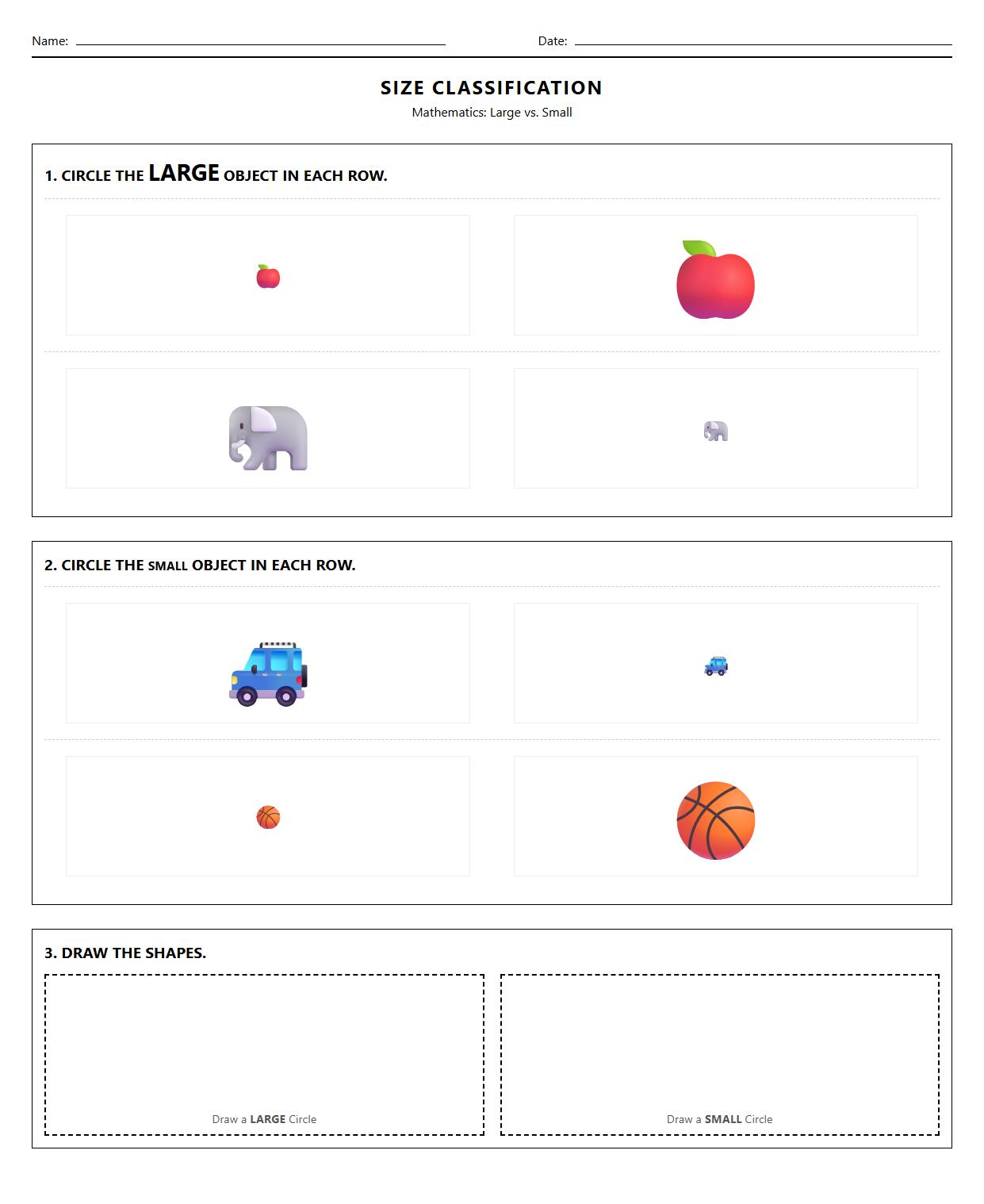 Vocabulary Classification Worksheet for Large and Small Objects