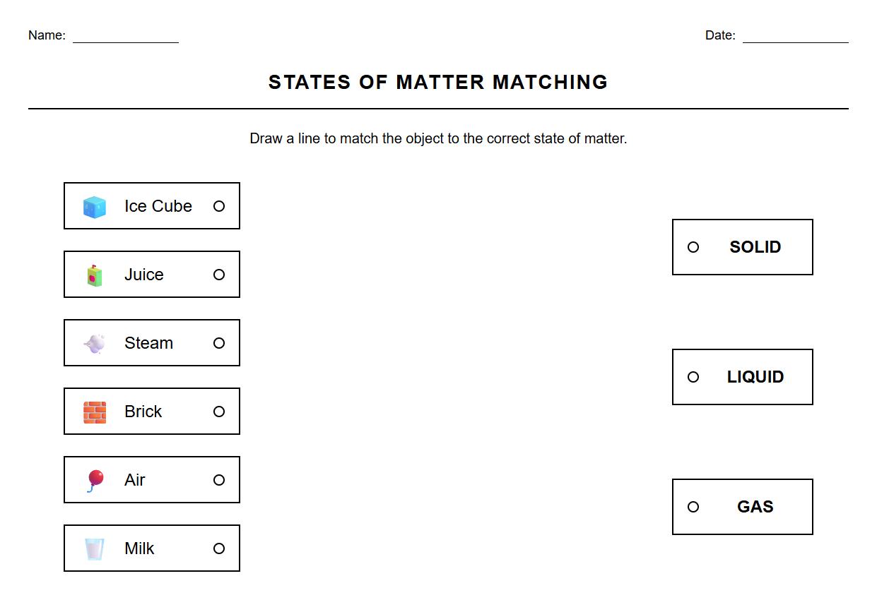 Vocabulary Matching Solids Liquids Gases Worksheet
