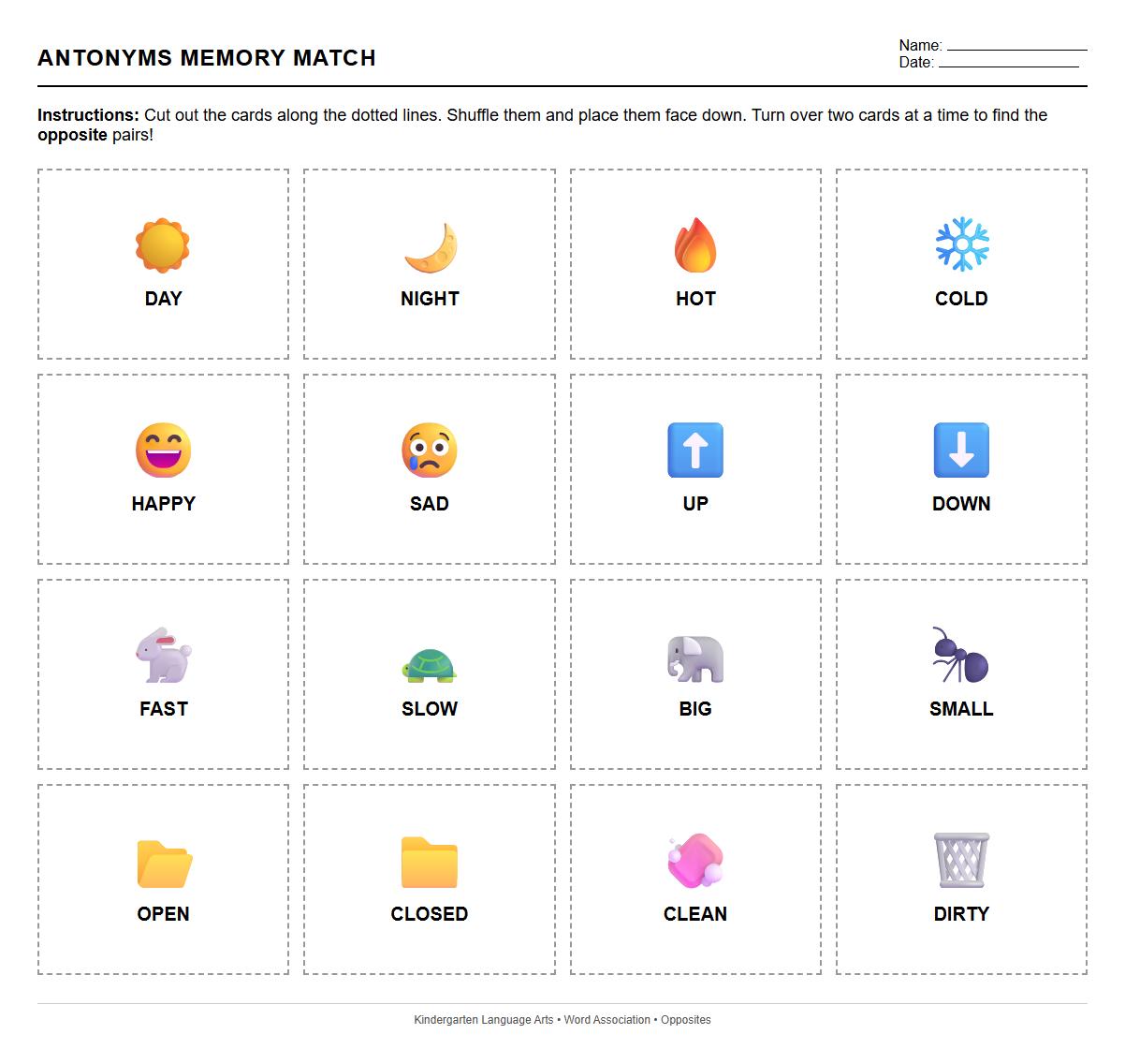 Word Association Memory Card Worksheet Focused on Antonyms