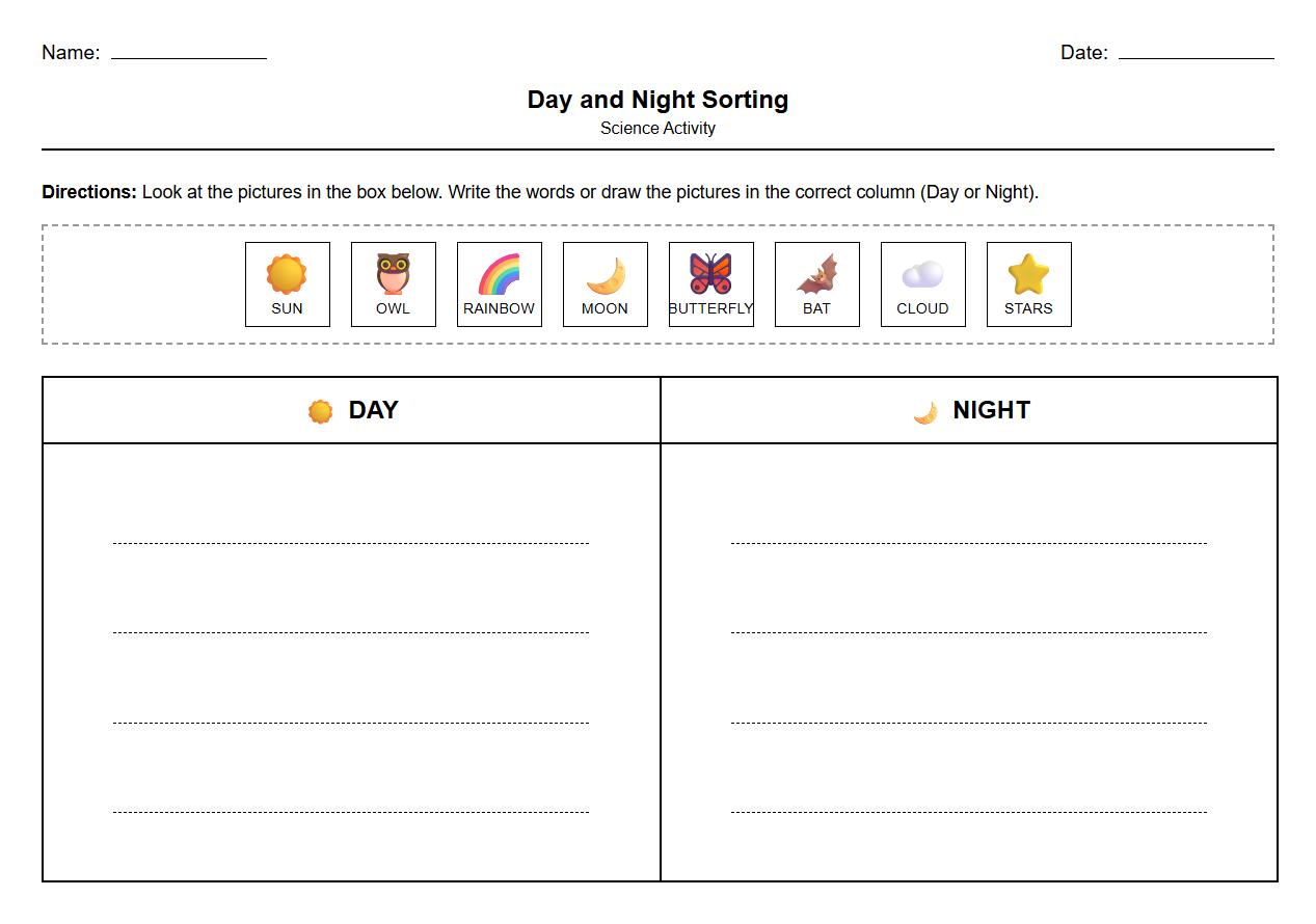 Word family sorting using terms for things seen only in day or night
